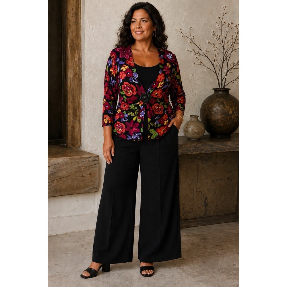 Floral Red Black Slinky Stretch V-Neck 3/4 Sleeve Blouse Top Medallion XL
